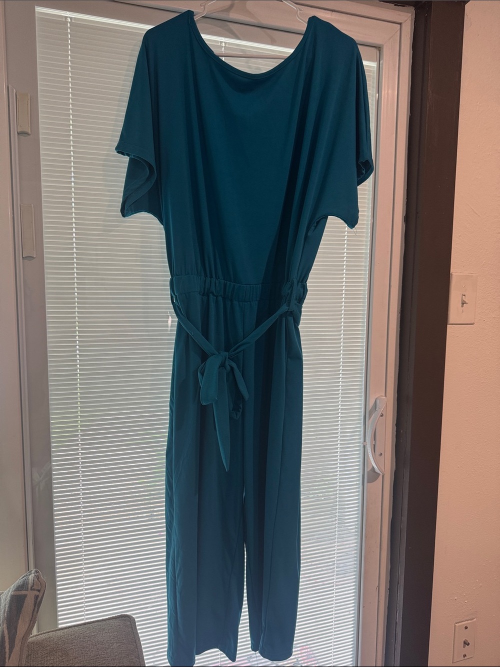 HALARA Teal Short-Sleeve Jumpsuit with Tie Waist